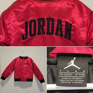 Michael‎ Jordan Jumpman Youth L 6-7 YRS Red Satin Varsity Bomber Jacket Snaps